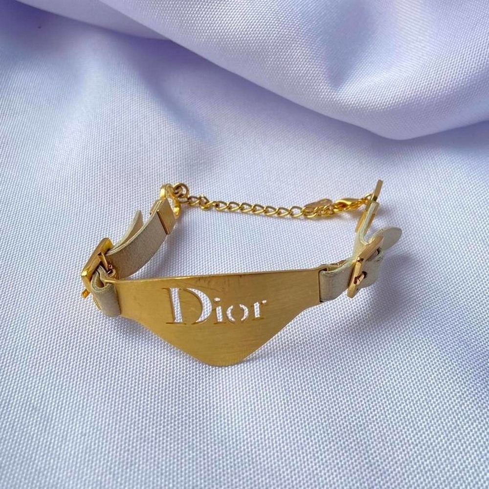 Authentic 2000s Christian Dior White and Gold Nameplate Bracelet